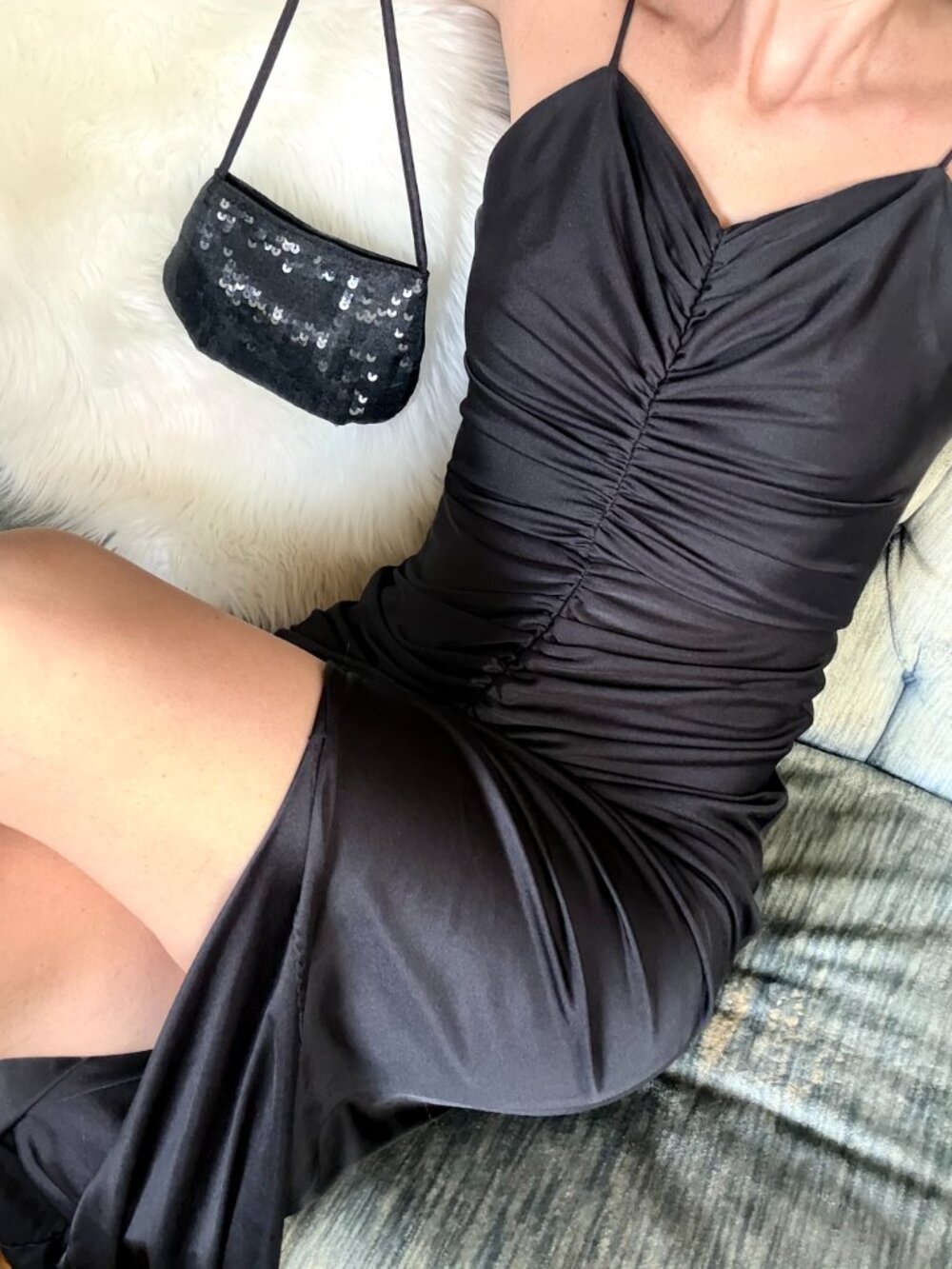 Vintage Fredericks of Hollywood Black Ruched Spaghetti Strap Evening Dress XS - Picture 2 of 9